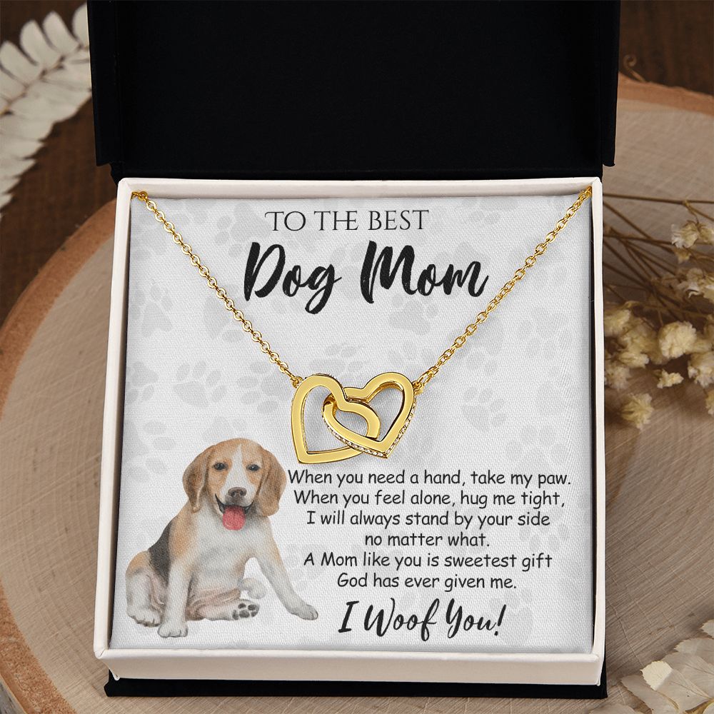 To The Best Beagle Dog Mom Knot Necklace Mother's Day Gift , I Woof You Quote Gift Card, Message Card Jewelry For Dog Lovers, Necklace For Mom Interlocking Hearts Necklace