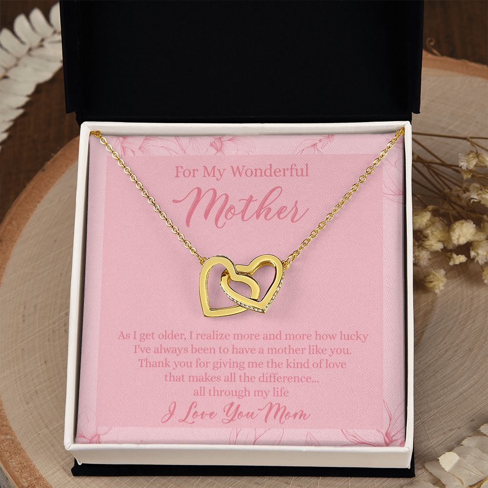 To My Wonderful Mother Necklace Message Card, Gift Box for Mom Birthday Gift From Daughter Mothers Day Necklace for Mom Gift From Daughter Mom Gifts For Wedding Mom Thank You Gift For Mom Interlocking Hearts Necklace