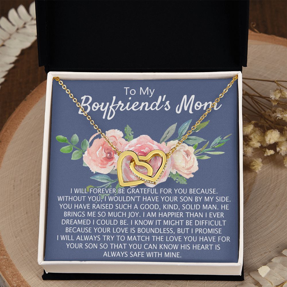 To My Boyfriend's Mom Necklace Pendant Jewelry Gift for Boyfriend's Mom on Mothers Day Birthday Present Jewelry Gift Box for Boyfriend's Mom Gift Personalized Custom Necklace for Women Interlocking Hearts Necklace