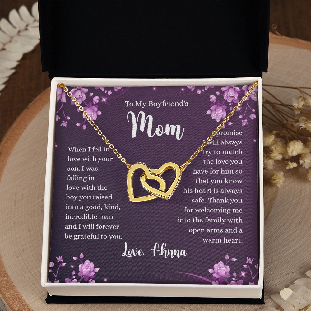 To My Boyfriends Mom Necklace with Message Card Jewelry Custom Card Necklace for Boyfriends Moms Birthday Gift For Boyfriend’s Mom, Mother’s Day Gift Jewelry for Boyfriends Mom Interlocking Hearts Necklace