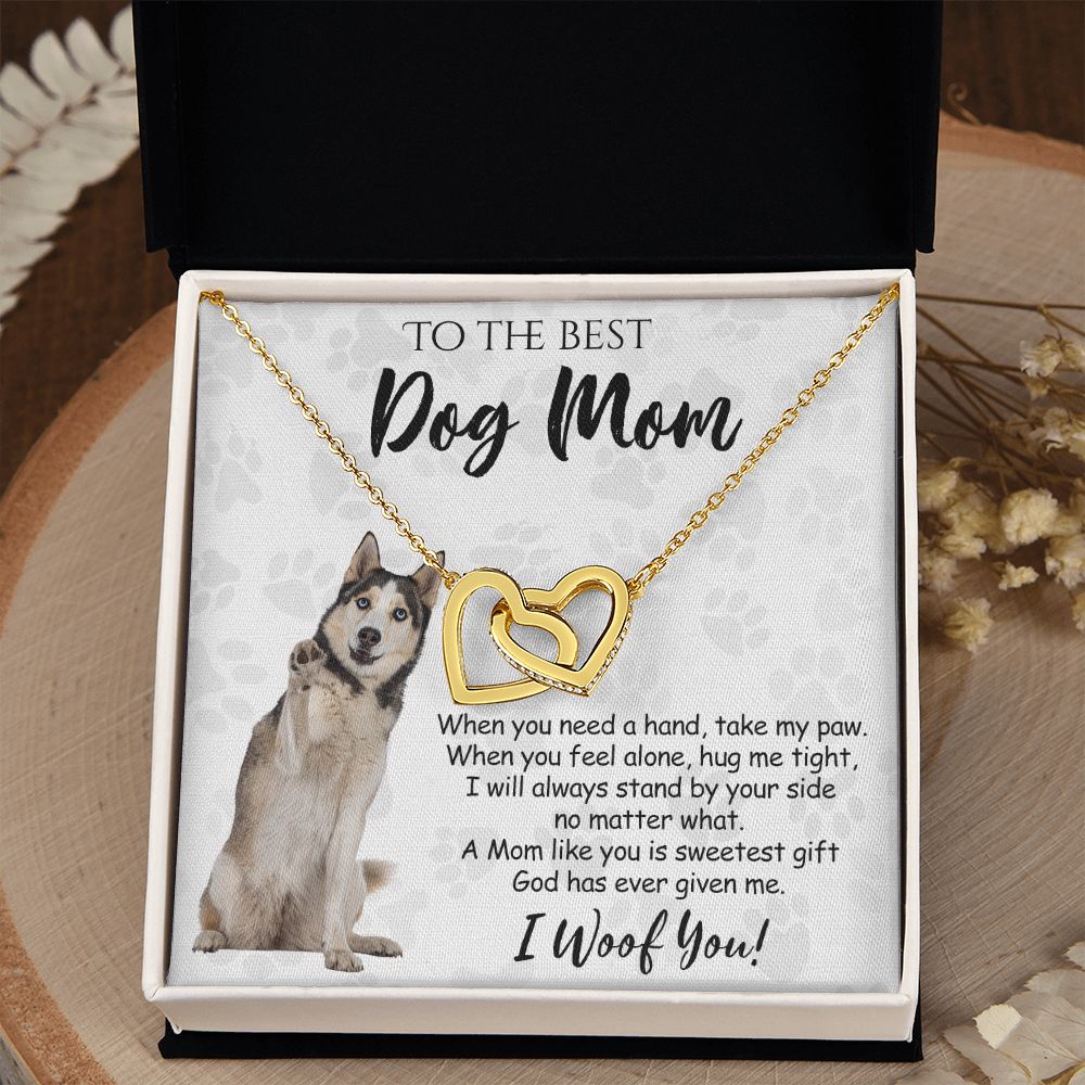 To The Best Husky Dog Mom Knot Necklace Mother's Day Gift , I Woof You Quote Gift Card, Message Card Jewelry For Dog Lovers, Necklace For Mom Interlocking Hearts Necklace