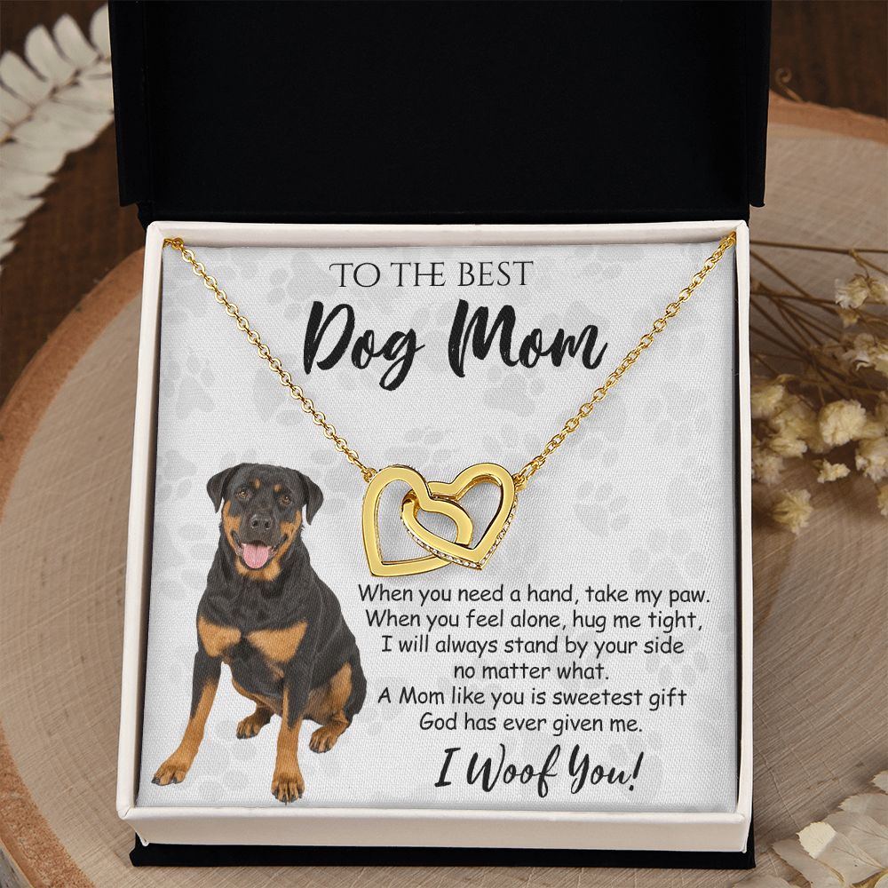 To The Best Rottweiler Dog Mom Knot Necklace Mother's Day Gift , I Woof You Quote Gift Card, Message Card Jewelry For Dog Lovers, Necklace For Mom Interlocking Hearts Necklace