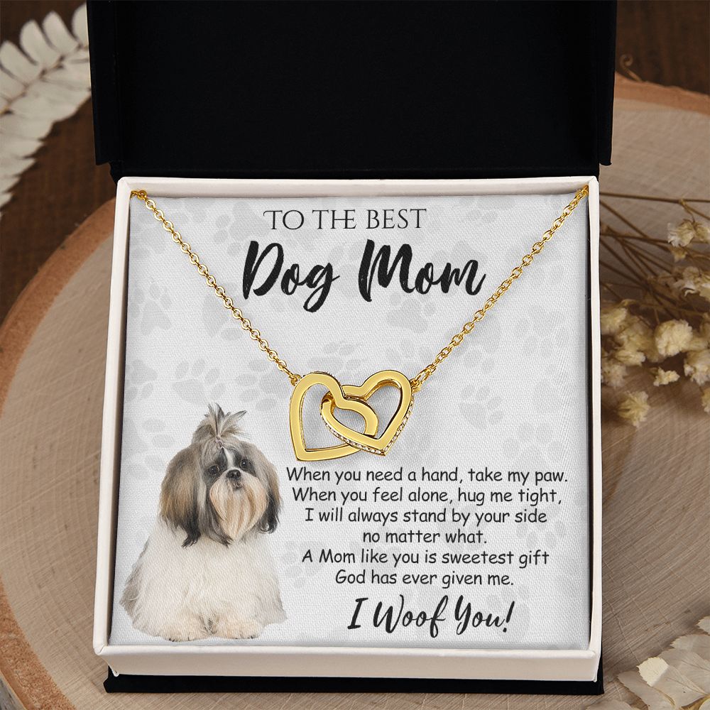 To The Best Shih Tzu Dog Mom Knot Necklace Mother's Day Gift , I Woof You Quote Gift Card, Message Card Jewelry For Dog Lovers, Necklace For Mom Interlocking Hearts Necklace