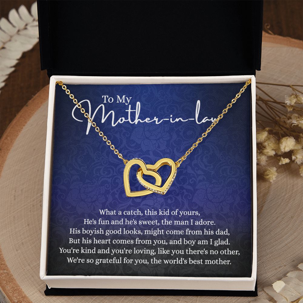 To My Mother in Law Necklace, Gift for Mother in Law Jewelry Box, Gift Card, Necklace for Mother in Law Jewelry Gift to My Mother-in-law on Wedding Day Mother's day gift for Mother in Law Interlocking Hearts Necklace
