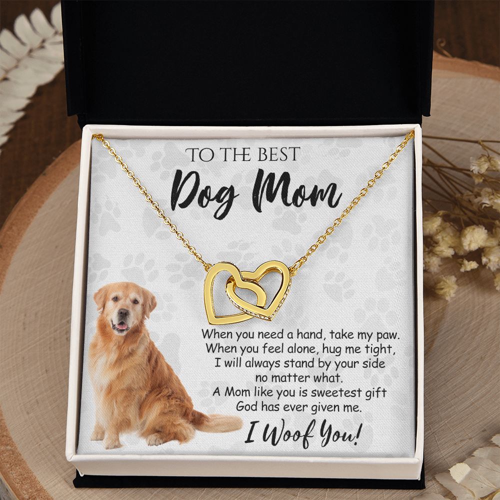 To The Best Golden Retriever Dog Mom Knot Necklace Mother's Day Gift , I Woof You Quote Gift Card, Message Card Jewelry For Dog Lovers, Necklace For Mom Interlocking Hearts Necklace