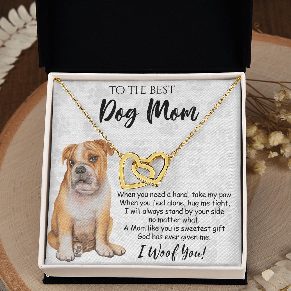 To The Best BullDog Mom Knot Necklace Mother's Day Gift , I Woof You Gift Card, Message Card Jewelry For Dog Lovers, Necklace For Mom Interlocking Hearts Necklace
