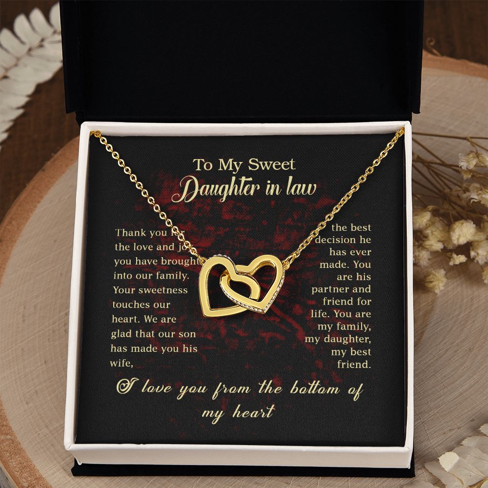 To my Daughter In Law Necklace Pendant Thank You For The Love And Joy With Message Card Gift Box Gift For To Daughter, Daughter In Law On Birthday Anniversary Gift Interlocking Hearts Necklace