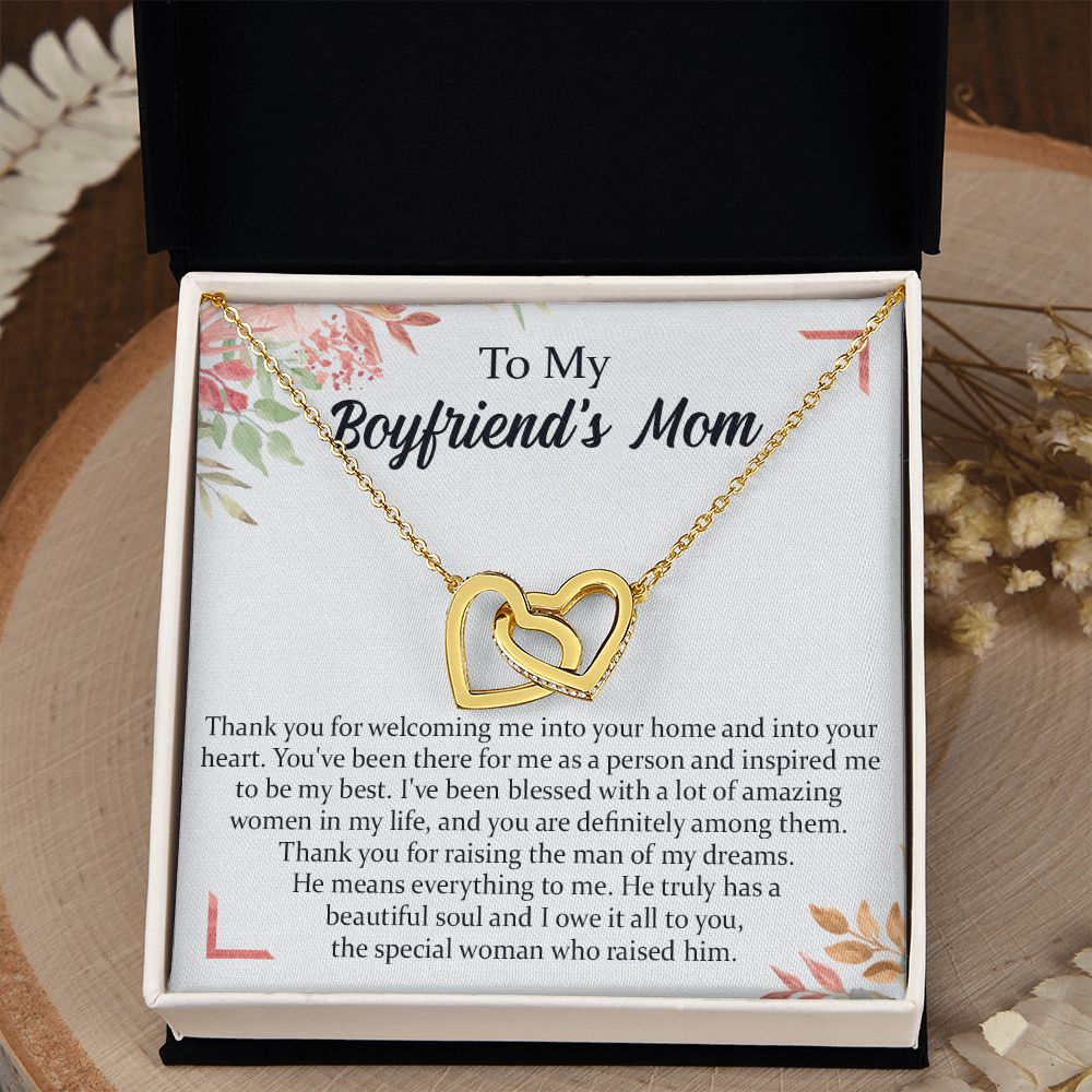 To My Boyfriend's Mom Necklace, Thank You for Raising Man Necklace, Gift to My Boyfriend's Mom for Mothers Day Birthday, Christmas, Going Away, Retirement Jewelry for Women Interlocking Hearts Necklace