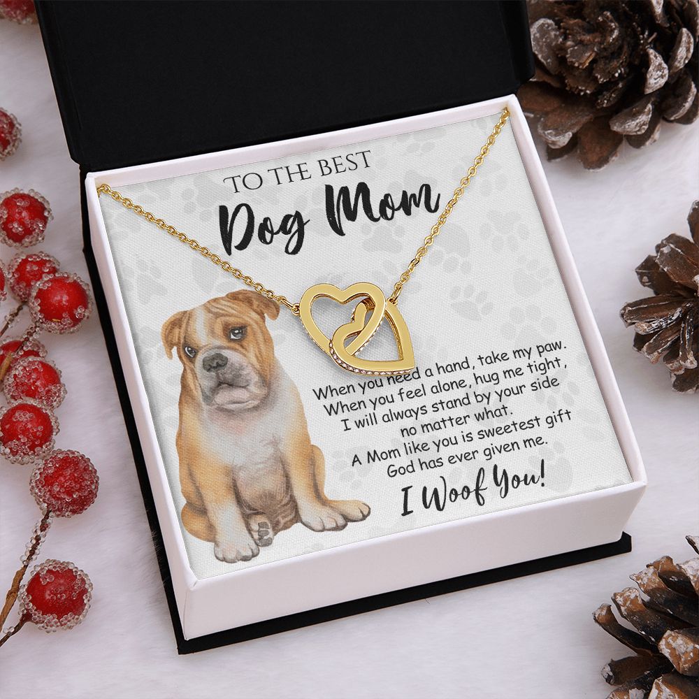 To The Best BullDog Mom Knot Necklace Mother's Day Gift , I Woof You Gift Card, Message Card Jewelry For Dog Lovers, Necklace For Mom Interlocking Hearts Necklace