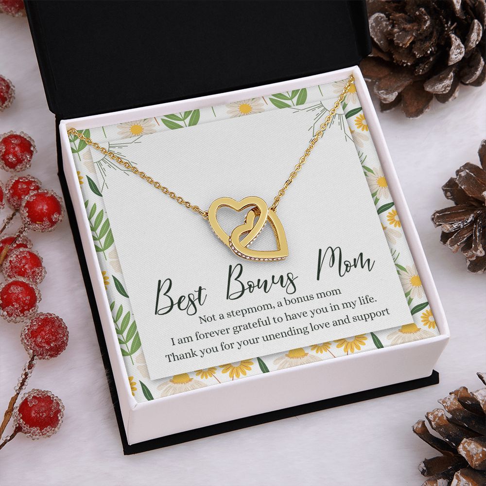 To My Best Bonus Mom Necklace Message Card, Jewelry for Bonus Mom Gift, Step Mom Wedding Gift for Stepmother Of The Bride Gift Thank You For Bonus Mom Necklace for Stepmom Wedding Gift Interlocking Hearts Necklace