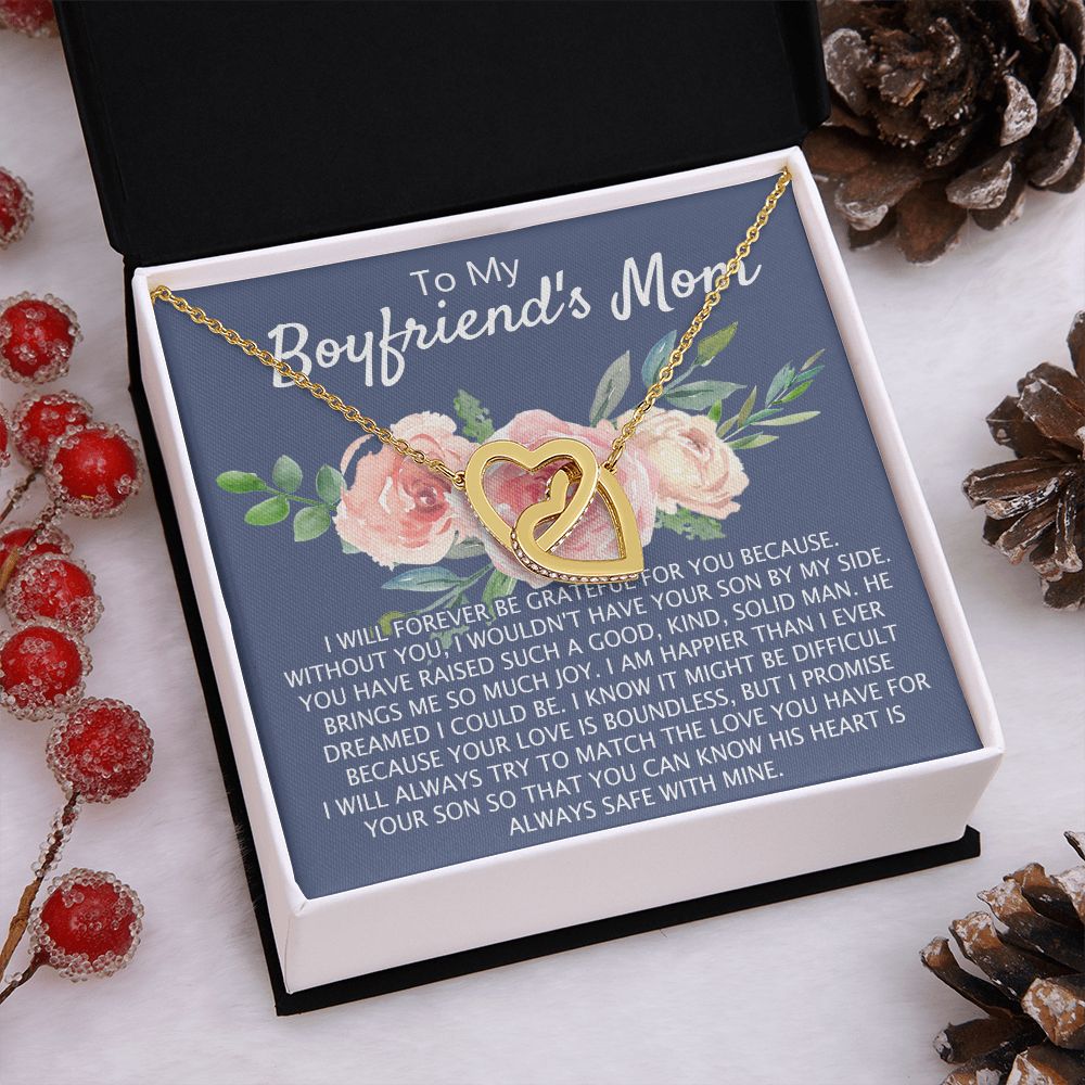 To My Boyfriend's Mom Necklace Pendant Jewelry Gift for Boyfriend's Mom on Mothers Day Birthday Present Jewelry Gift Box for Boyfriend's Mom Gift Personalized Custom Necklace for Women Interlocking Hearts Necklace
