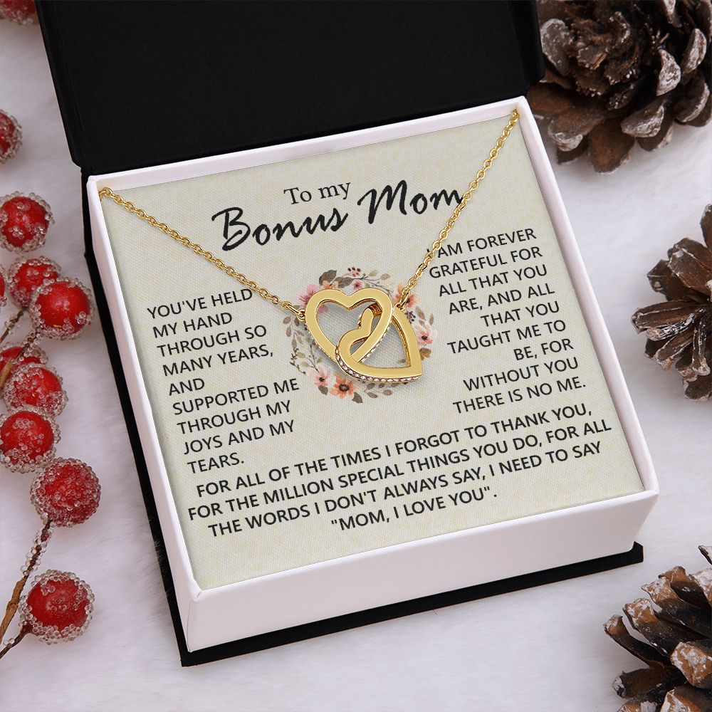 Bonus Mom Jewelry Gift for Stepmom, Foster Mom - Featuring Necklace With Meaningful Message Card & Gift Box for Birthday, Mother's Day Necklace for Bonus Mom Interlocking Hearts Necklace