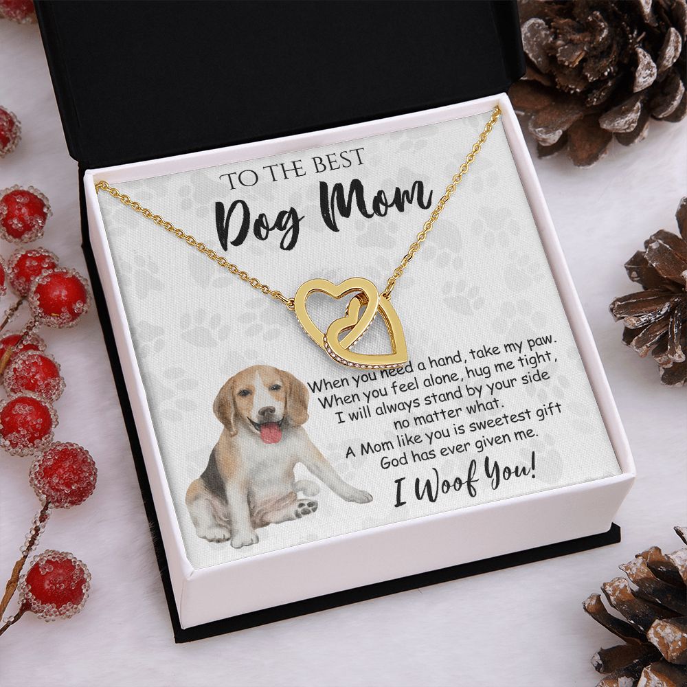 To The Best Beagle Dog Mom Knot Necklace Mother's Day Gift , I Woof You Quote Gift Card, Message Card Jewelry For Dog Lovers, Necklace For Mom Interlocking Hearts Necklace