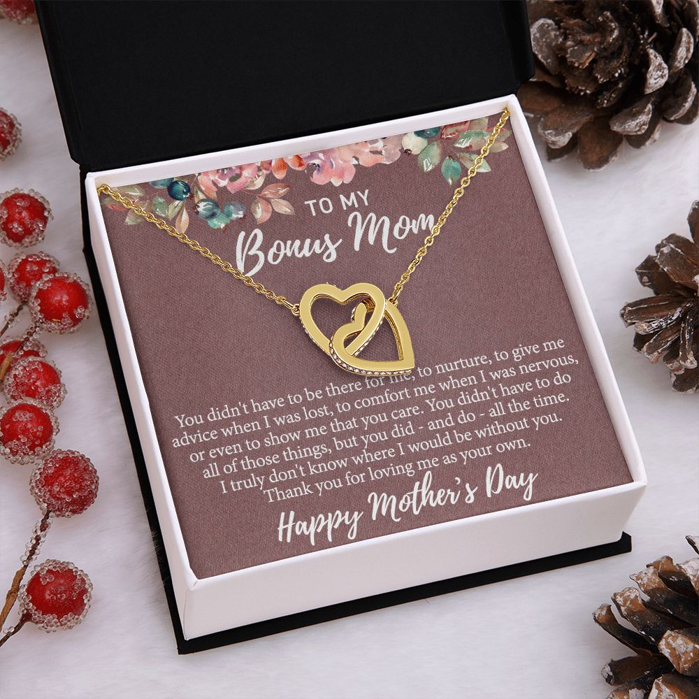 To My Bonus Mom Necklace, Gift for Bonus Mother From Bonus Daughter to Stepmom Jewelry Gift for Mother's Day, Valentine's, Birthday, Anniversary Interlocking Hearts Necklace