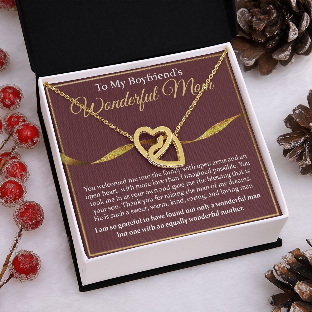 To My Boyfriend's Mom Necklace Mother in Law Jewelry Gift for Christmas Birthday Mother's Day Gift Jewelry Box and Message Card to Boyfriends Mother Gift from Girlfriend Interlocking Hearts Necklace