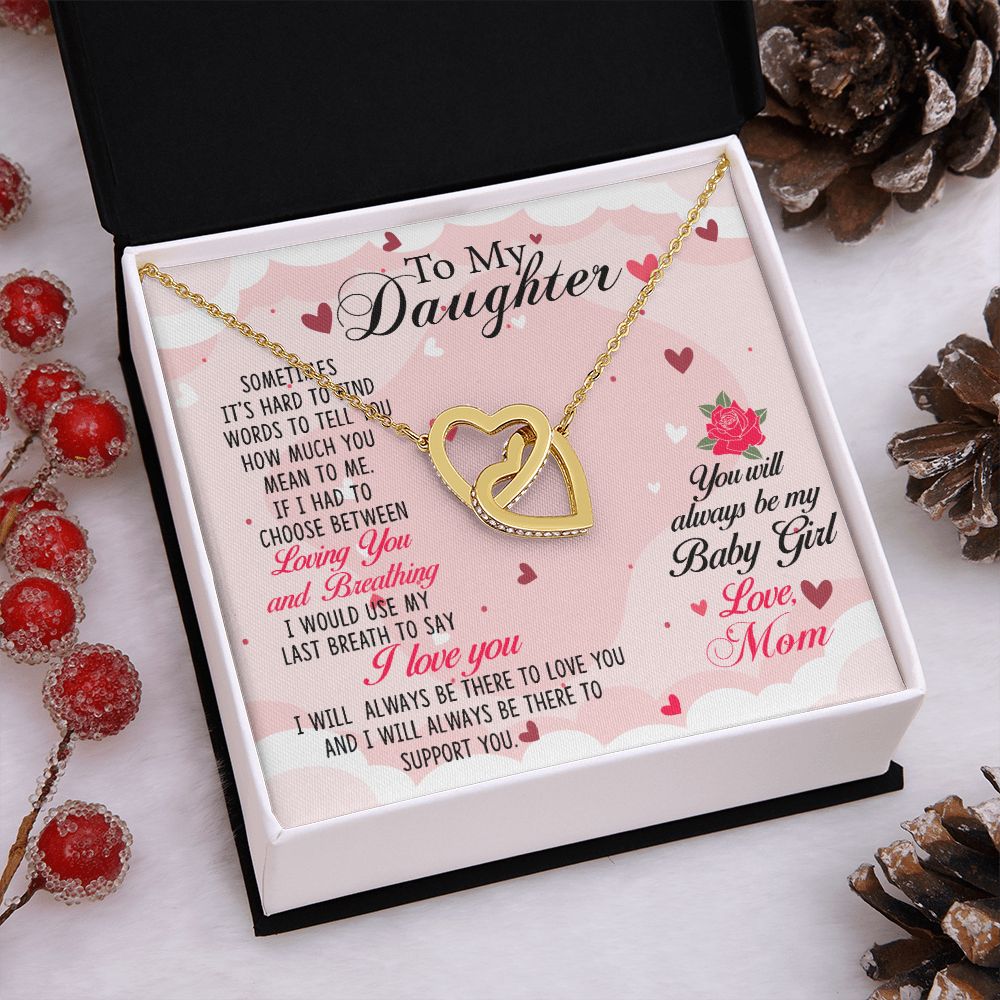 To my Daughter Necklace Pendant Gift From Mom Loving You And Breathing With Message Card Gift Box Gift For To Daughter, Daughter In Law On Birthday Anniversary Interlocking Hearts Necklace
