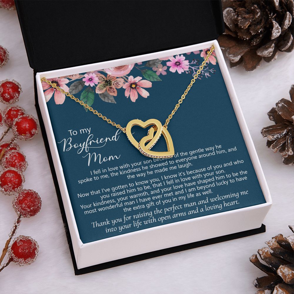 To My Boyfriend's Mom Gift Boyfriend Mother Solid Gold Necklace for Christmas Birthday Mother's Day, Message Card to Mother in Law Interlocking Hearts Necklace