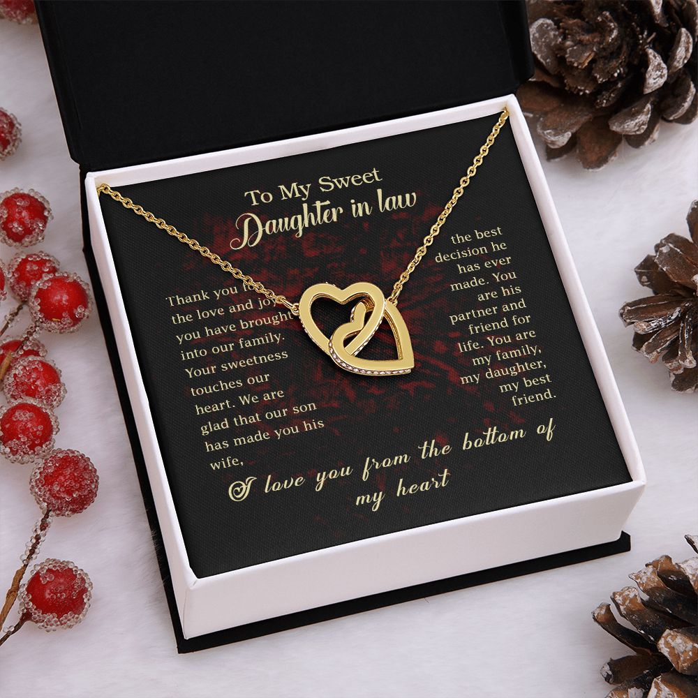 To my Daughter In Law Necklace Pendant Thank You For The Love And Joy With Message Card Gift Box Gift For To Daughter, Daughter In Law On Birthday Anniversary Gift Interlocking Hearts Necklace