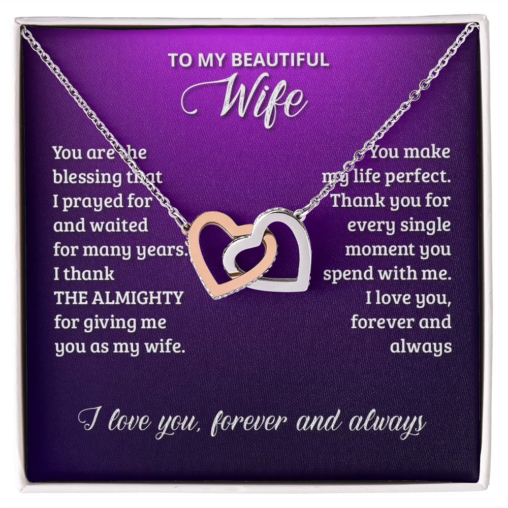 Gifts For Wife Romantic, Wife Birthday Gift Ideas, To My Beautiful Wife Necklace, Interlocking Hearts Necklace For Wife From Husband, Message Card and Gift Box