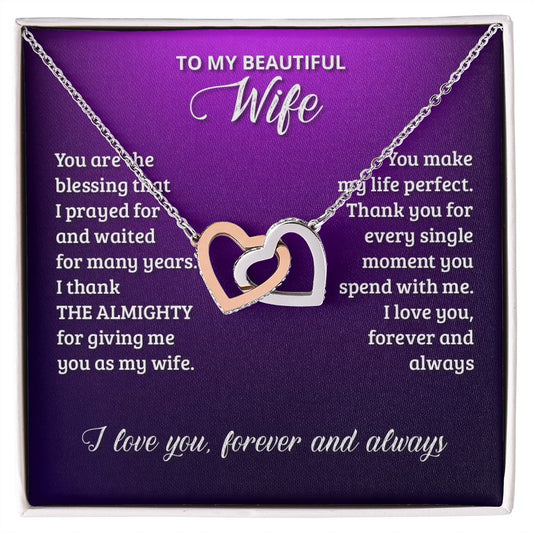 Gifts For Wife Romantic, Wife Birthday Gift Ideas, To My Beautiful Wife Necklace, Interlocking Hearts Necklace For Wife From Husband, Message Card and Gift Box