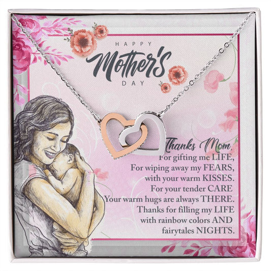 To My Mom, Mother Necklace Pendant Gift From Daughter Or Son Thanks Mom For Gifting Me Life With Message Card Gift For Mom Interlocking Hearts Necklace