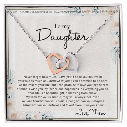 To my Beautiful Daughter Necklace With Thoughtful Card Box Gifts for Daughter from Mom Mother Daughter Gifts Jewelry for Daughter Present for Birthday Anniversary Christmas Interlocking Hearts Necklace