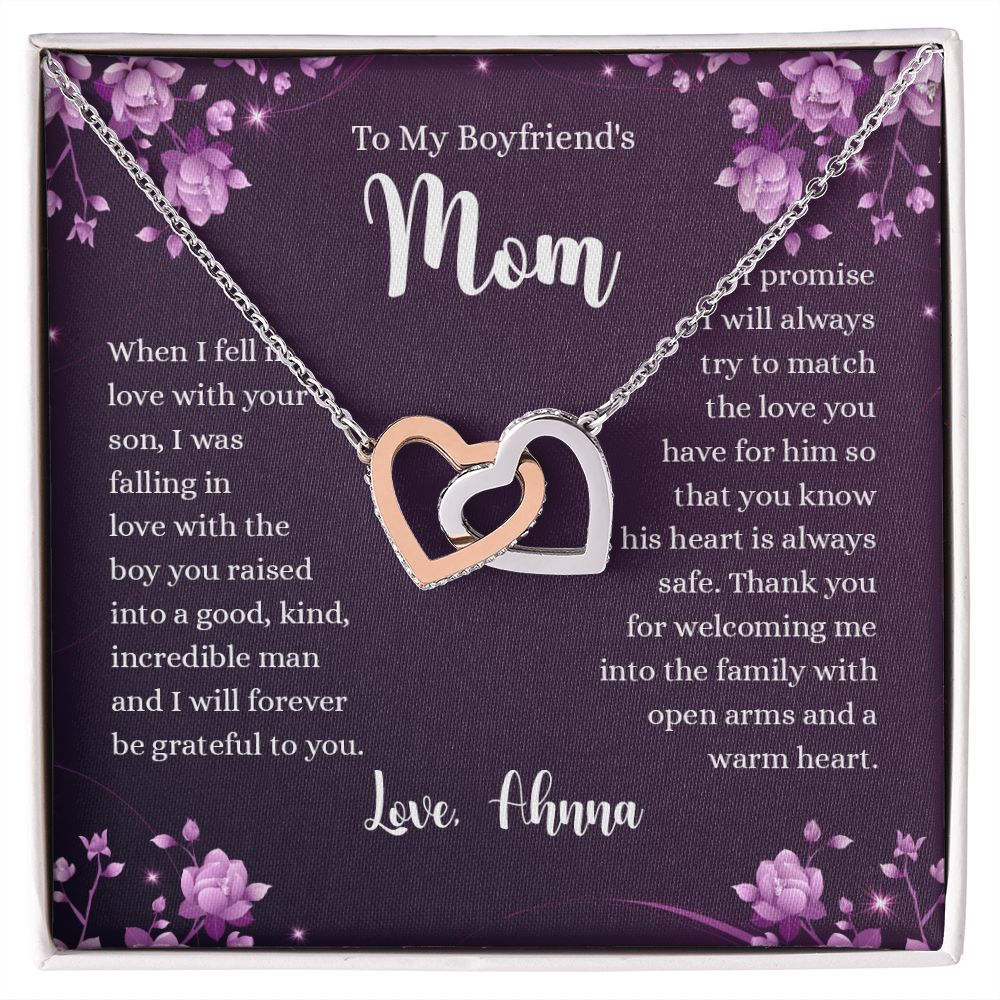 To My Boyfriends Mom Necklace with Message Card Jewelry Custom Card Necklace for Boyfriends Moms Birthday Gift For Boyfriend’s Mom, Mother’s Day Gift Jewelry for Boyfriends Mom Interlocking Hearts Necklace