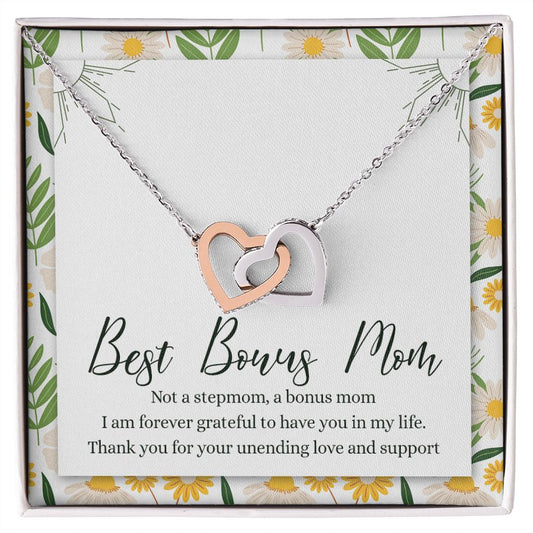 To My Best Bonus Mom Necklace Message Card, Jewelry for Bonus Mom Gift, Step Mom Wedding Gift for Stepmother Of The Bride Gift Thank You For Bonus Mom Necklace for Stepmom Wedding Gift Interlocking Hearts Necklace