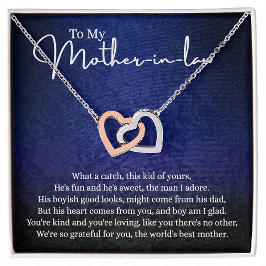 To My Mother in Law Necklace, Gift for Mother in Law Jewelry Box, Gift Card, Necklace for Mother in Law Jewelry Gift to My Mother-in-law on Wedding Day Mother's day gift for Mother in Law Interlocking Hearts Necklace