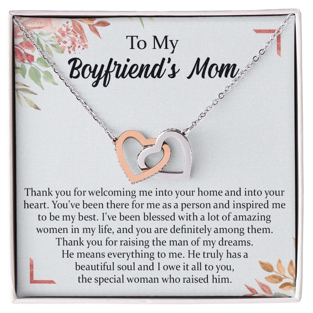 To My Boyfriend's Mom Necklace, Thank You for Raising Man Necklace, Gift to My Boyfriend's Mom for Mothers Day Birthday, Christmas, Going Away, Retirement Jewelry for Women Interlocking Hearts Necklace