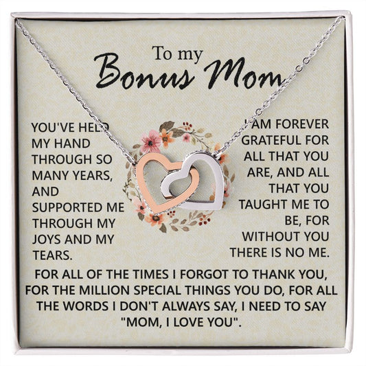 Bonus Mom Jewelry Gift for Stepmom, Foster Mom - Featuring Necklace With Meaningful Message Card & Gift Box for Birthday, Mother's Day Necklace for Bonus Mom Interlocking Hearts Necklace