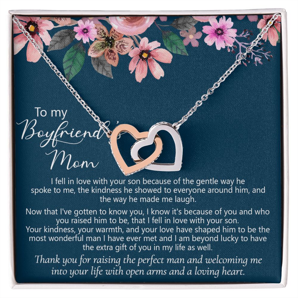To My Boyfriend's Mom Gift Boyfriend Mother Solid Gold Necklace for Christmas Birthday Mother's Day, Message Card to Mother in Law Interlocking Hearts Necklace
