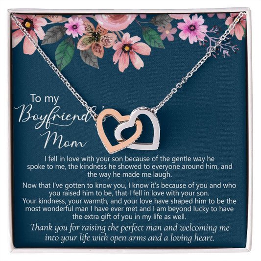To My Boyfriend's Mom Gift Boyfriend Mother Solid Gold Necklace for Christmas Birthday Mother's Day, Message Card to Mother in Law Interlocking Hearts Necklace