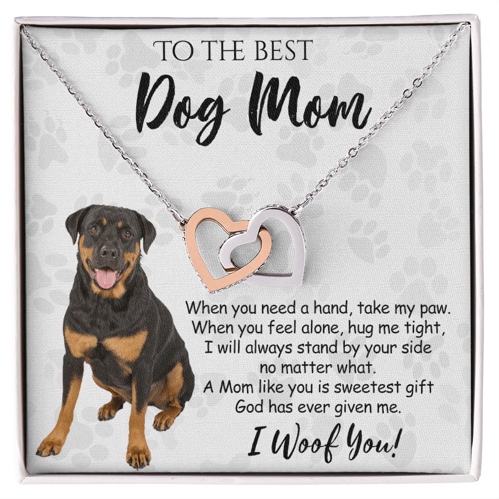 To The Best Rottweiler Dog Mom Knot Necklace Mother's Day Gift , I Woof You Quote Gift Card, Message Card Jewelry For Dog Lovers, Necklace For Mom Interlocking Hearts Necklace