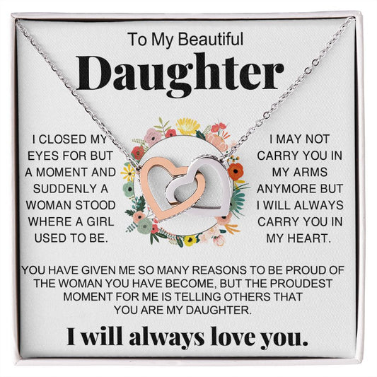 Jewelry Pendant Present for Daughter, To My Daughter Gift Necklace from Mom, Mother Daughter Gift Ideas, Birthday Christmas Gift Graduation Gifts for Daughters, Mother and Daughter Necklace 16 Interlocking Hearts Necklace