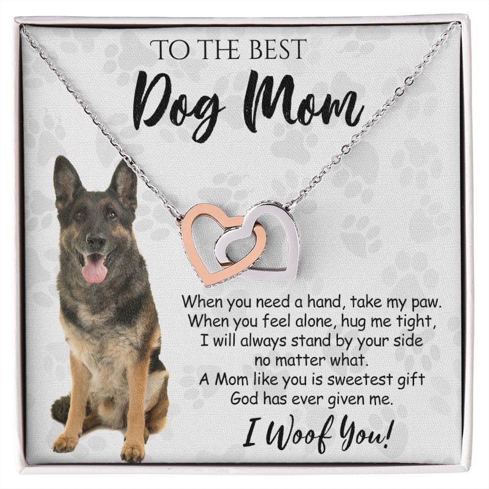 To The Best German Shepherd Dog Mom Knot Necklace Mother's Day Gift , I Woof You Quote Gift Card, Message Card Jewelry For Dog Lovers, Necklace For Mom Interlocking Hearts Necklace