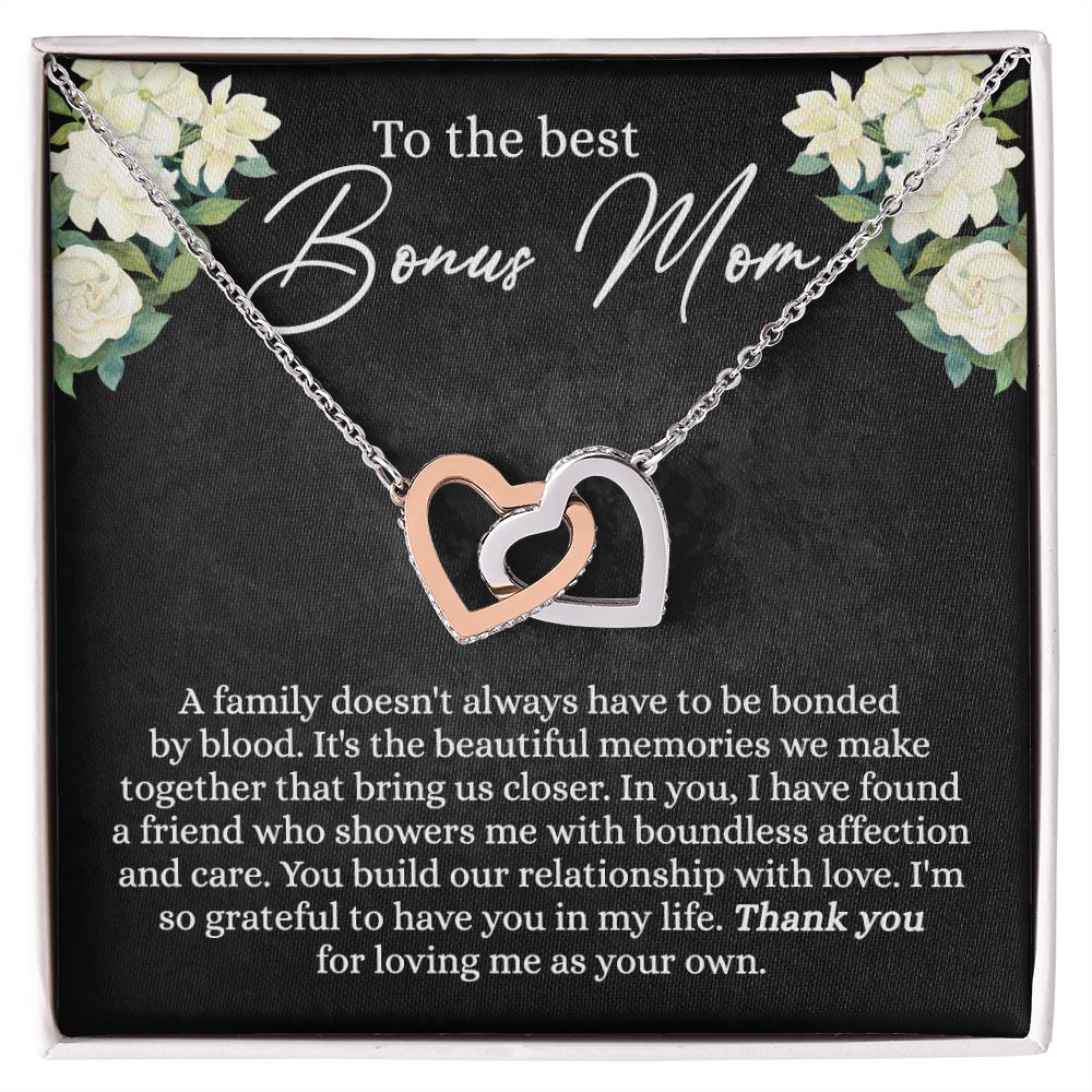 To My Bonus Mom Necklace, Bonus Mom Gift Idea, Bonus Mom Necklace from Daughter Son, Step Mom Gift for Mothers Day Birthday Christmas, Sentimental Jewelry for Women Interlocking Hearts Necklace