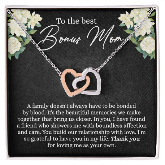 To My Bonus Mom Necklace, Bonus Mom Gift Idea, Bonus Mom Necklace from Daughter Son, Step Mom Gift for Mothers Day Birthday Christmas, Sentimental Jewelry for Women Interlocking Hearts Necklace
