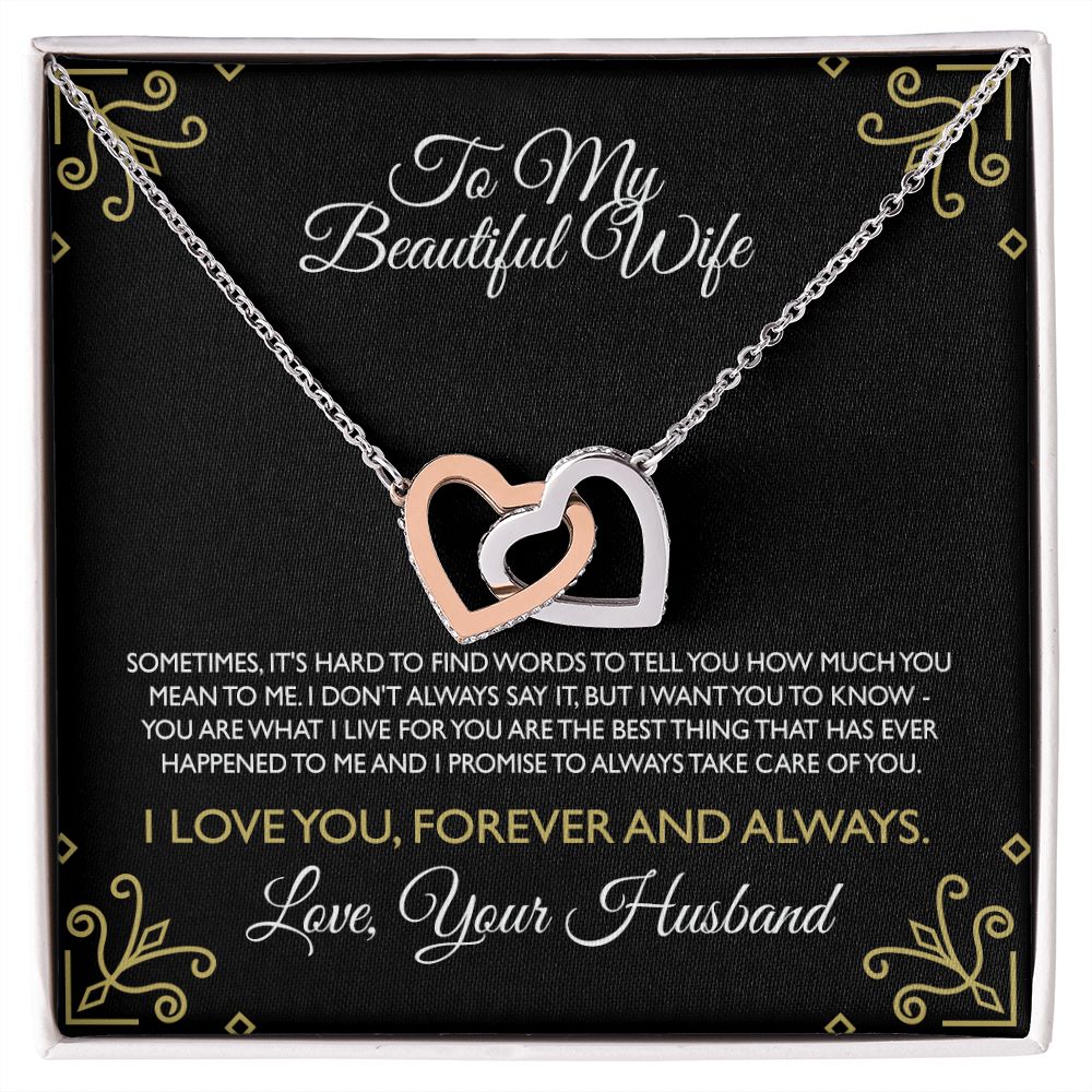 To My Beautiful Wife Necklace From Husband Interlocking Heart Necklace Pendant Jewelry with Message Card and Box Necklaces for Women Valentines Day Happy Anniversary Present for Birthday Merry Christmas for Wife