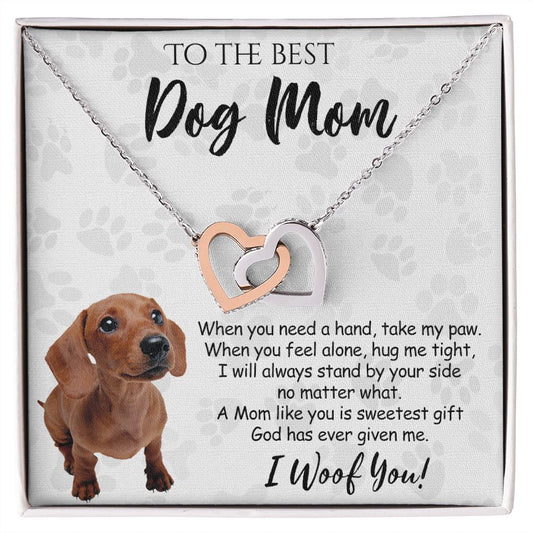 To The Best Dachshund Dog Mom Knot Necklace Mother's Day Gift , I Woof You Quote Gift Card, Message Card Jewelry For Dog Lovers, Necklace For Mom Interlocking Hearts Necklace