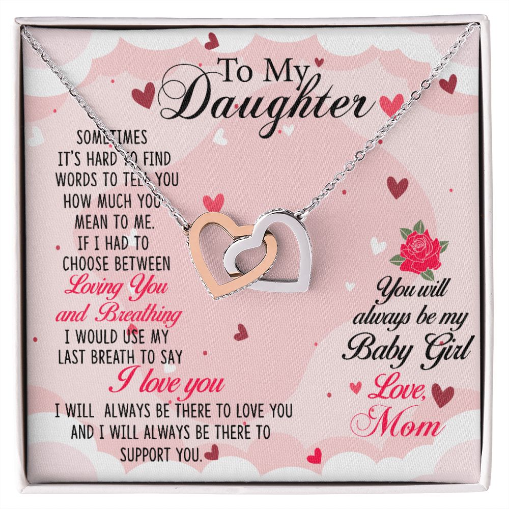 To my Daughter Necklace Pendant Gift From Mom Loving You And Breathing With Message Card Gift Box Gift For To Daughter, Daughter In Law On Birthday Anniversary Interlocking Hearts Necklace