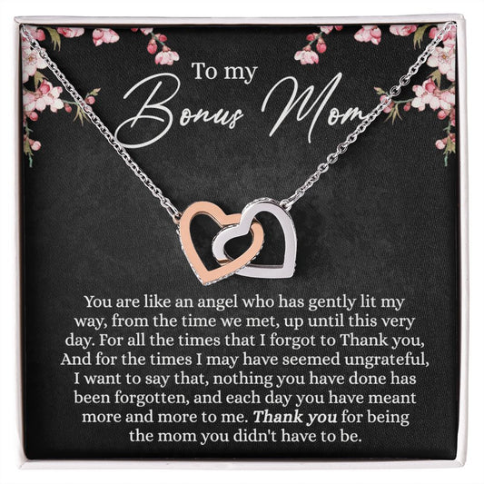 To My Bonus Mom Necklace, Bonus Mom Gift for Christmas, Birthday & Mother's Day Unique Step Mom Card from Daughter Son, Step Mom Wedding Gift Interlocking Hearts Necklace