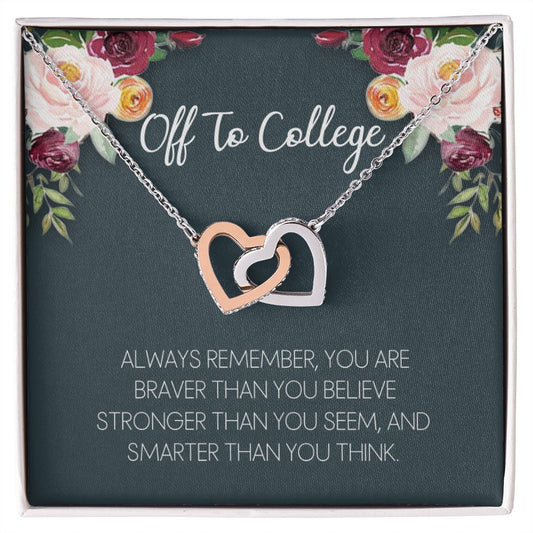Off To College Necklace, Graduation Gifts For for Girl Congrats Graduation Pendants Gift For Daughter, Granddaughter, Niece, Sister Interlocking Hearts Necklace