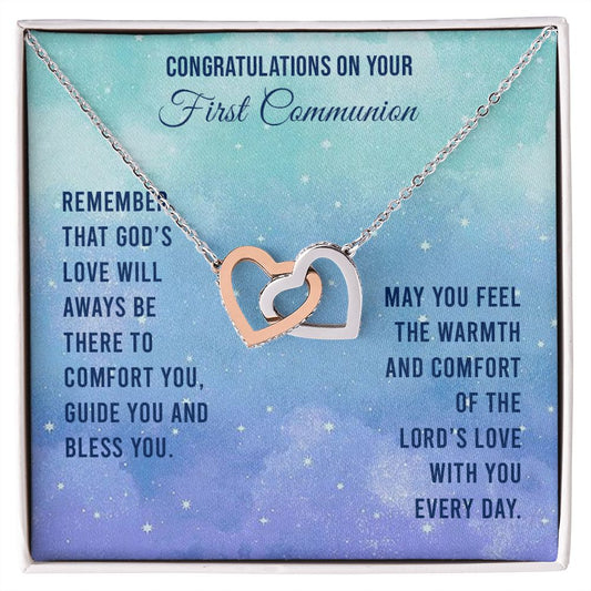 First Communion - Remember that God’s love will Interlocking Hearts Necklace
