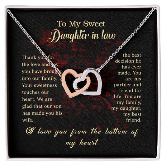 To my Daughter In Law Necklace Pendant Thank You For The Love And Joy With Message Card Gift Box Gift For To Daughter, Daughter In Law On Birthday Anniversary Gift Interlocking Hearts Necklace