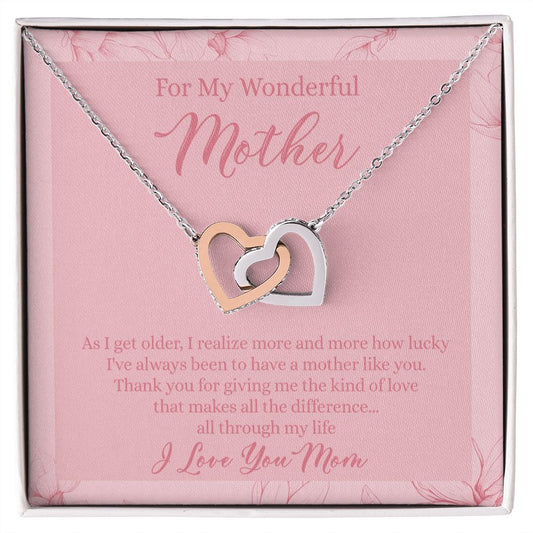 To My Wonderful Mother Necklace Message Card, Gift Box for Mom Birthday Gift From Daughter Mothers Day Necklace for Mom Gift From Daughter Mom Gifts For Wedding Mom Thank You Gift For Mom Interlocking Hearts Necklace