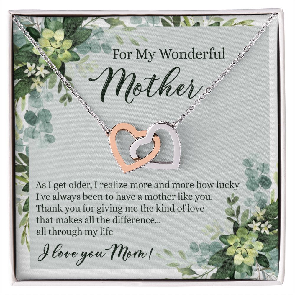 To My Wonderful Mother Necklace Message Card, Gift Box for Mom Birthday Gift From Daughter Mothers Day Necklace for Mom Gift From Daughter Mom Gifts For Mom Thank You Gift For Mom Interlocking Hearts Necklace