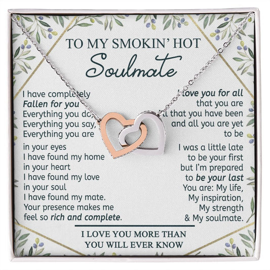 To My Smokin Hot Soulmate Necklace - Wife Gifts From Husband To My Wife Necklace, Gift for Her Romantic, Girlfriend Gifts Necklace for Wife from Men Includes Message Card and Gift Box 18 Interlocking Hearts Necklace