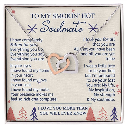 To My Smokin Hot Soulmate Necklace - Wife Gifts From Husband To My Wife Necklace, Gift for Her Romantic, Girlfriend Gifts Necklace for Wife from Men Includes Message Card and Gift Box 16 Interlocking Hearts Necklace