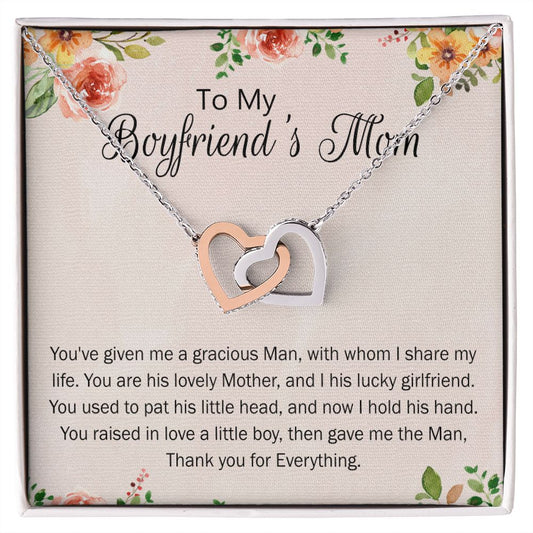 To My Boyfriend's Mom Necklace Pendant Jewelry for Boyfriend's Mom on Mothers Day Birthday Present with Message Card and Gift Box for Boyfriend's Mom Gift Necklace for Women Interlocking Hearts Necklace